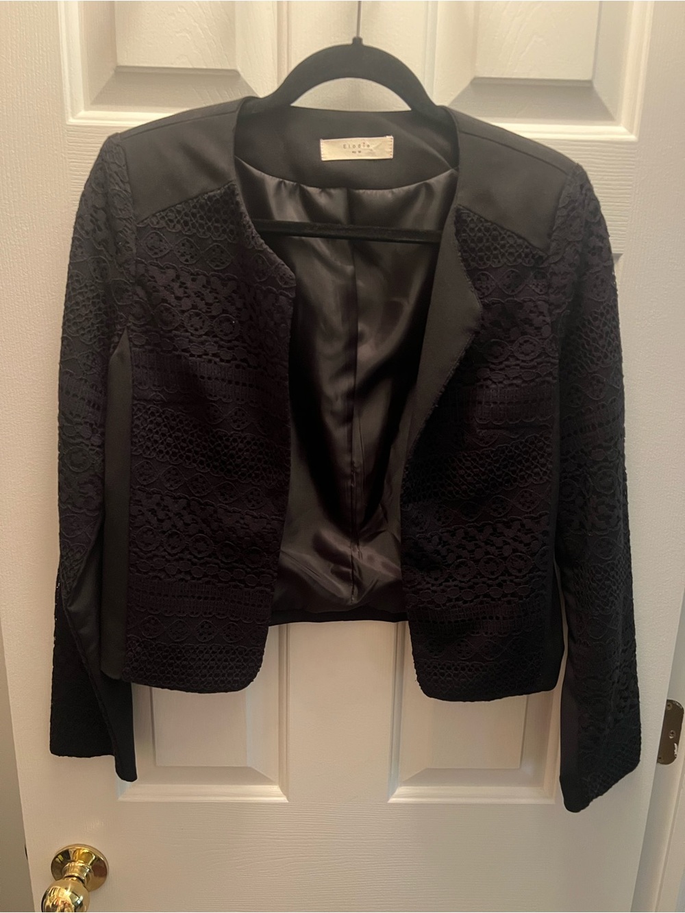 Elodie Black Lace-Panel Open Front Blazer